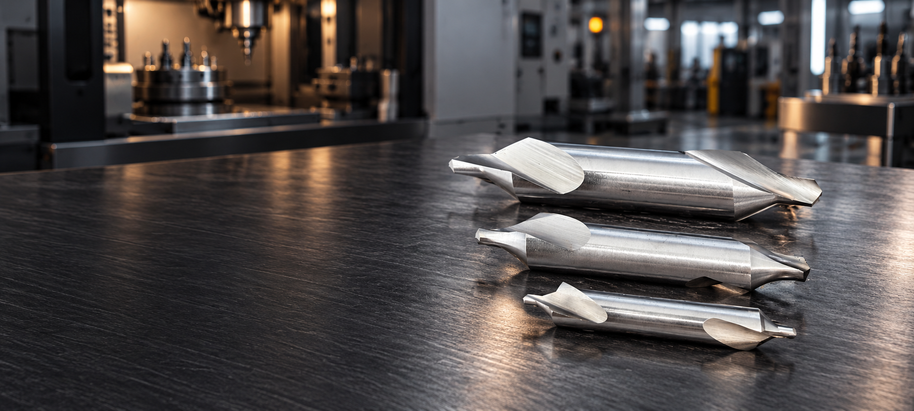 Center drills arranged on a machining workshop table